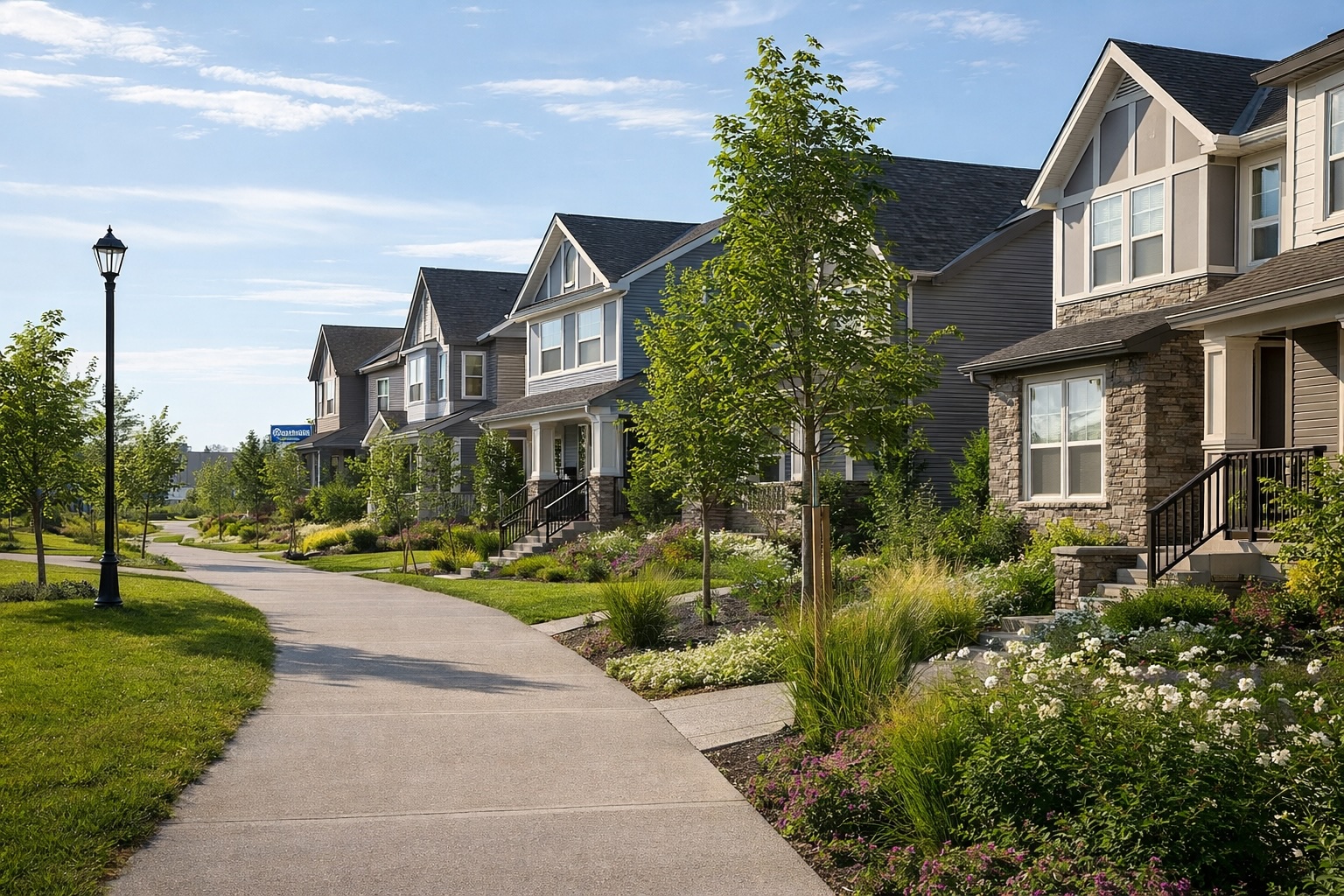 Residential streetscape in Seton, Calgary